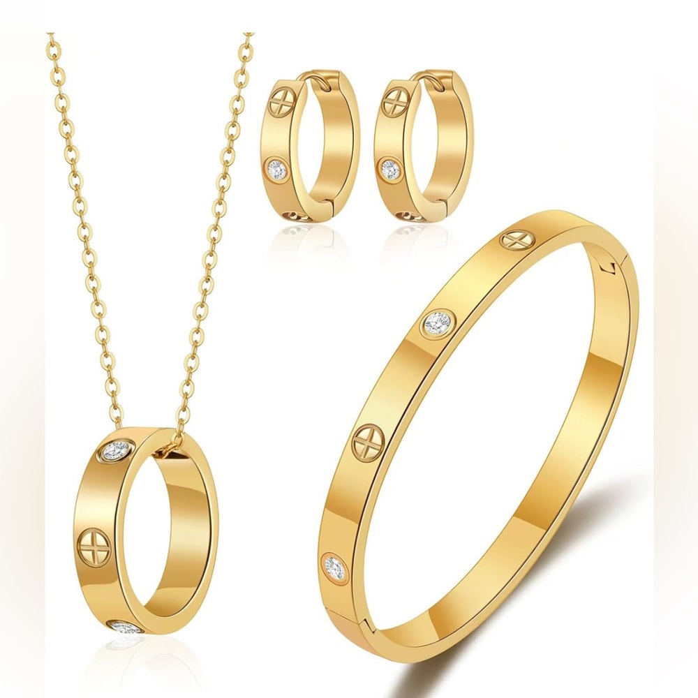 Set of Necklace, Earrings, Bracelet, Love gold necklace